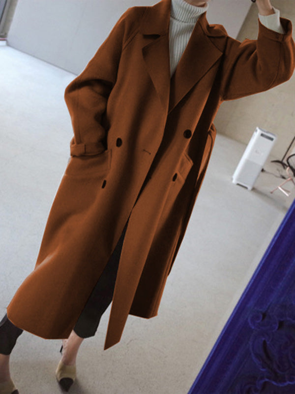 Urban Loose Solid Color Belted Woolen Coat