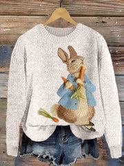 Cute Bunny Embroidery Art Cozy Knit Sweater