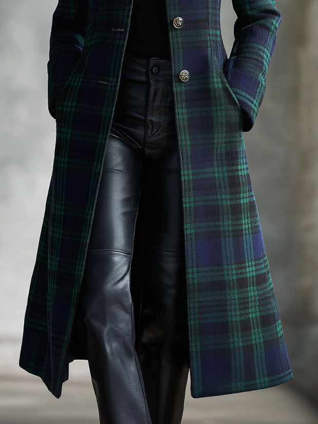 Bohemian Contrast Check Mid-length Wool Coat