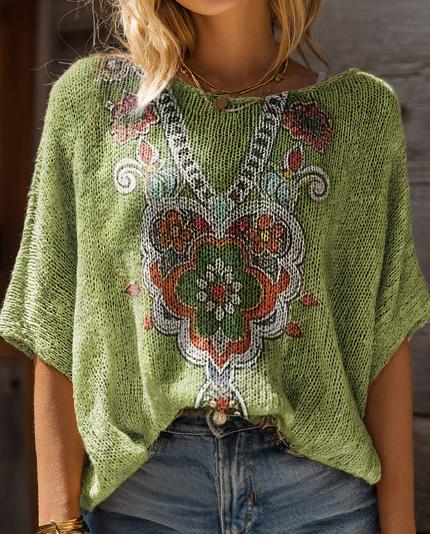 Women's Retro Ethnic Totem Floral Art Print Casual Short Sleeves Pullover Sweater