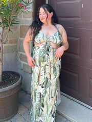 Plus Green Tropical Print Cut Out Tie Front Maxi Dress