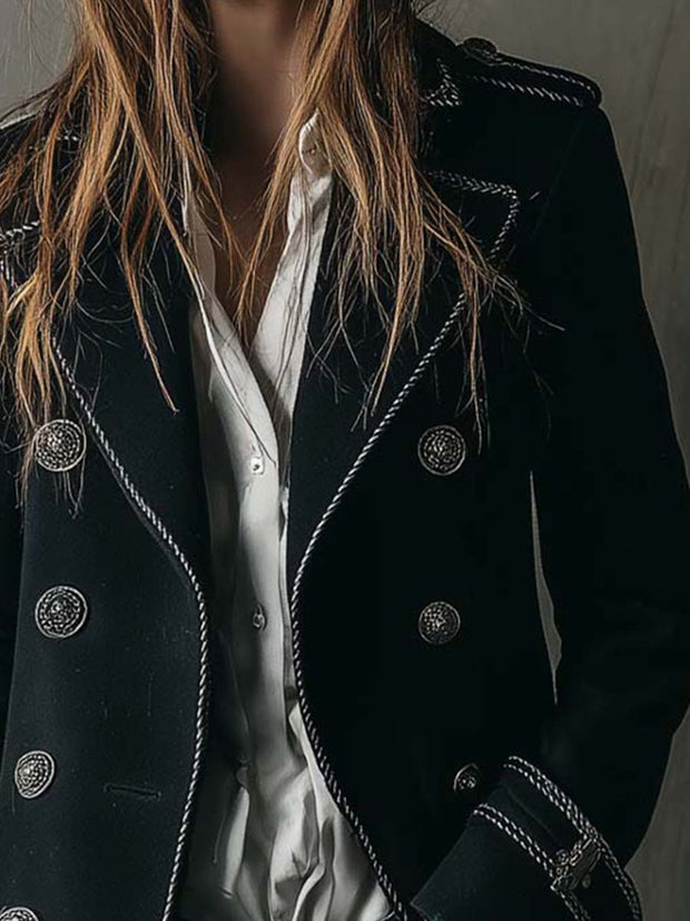 Black Double-Breasted Military Coat With Silver Detailing
