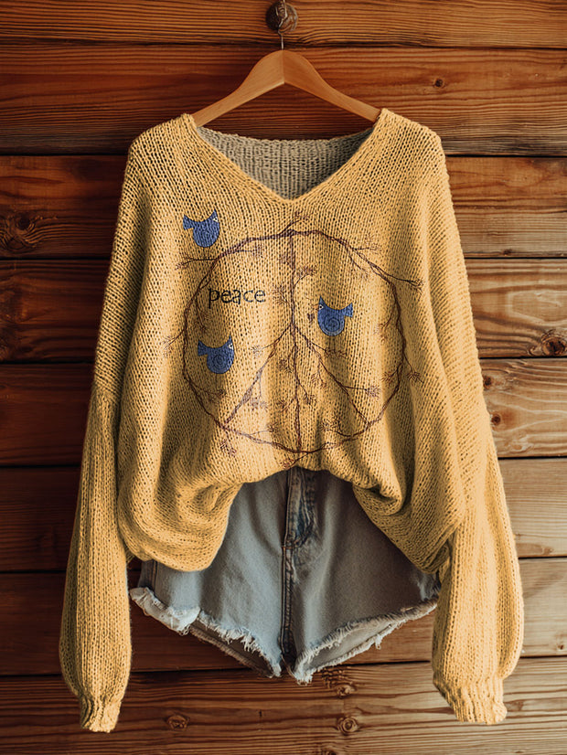 Women's Vintage Peace Bird Print Art Casual Pullover Sweater