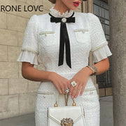 Women Elegant  Round Neck Short Sleeves Bow Ruffle Hem Beaded Formal Fragrant Breeze White Dress