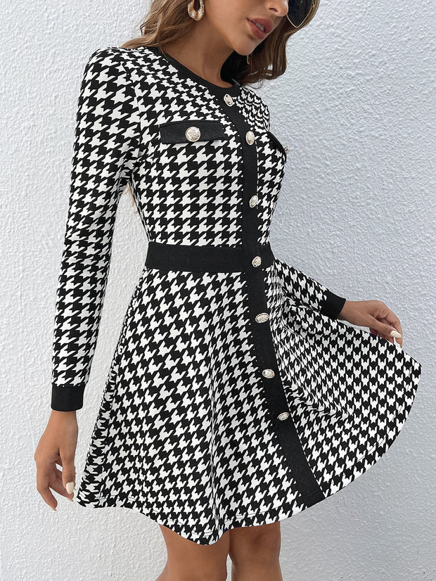 Autumn And Retro Winter Elegant Plaid Contrast Color Dress