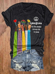 Retro Hippie Imagine All The People Living Life In Peace Print Shirt