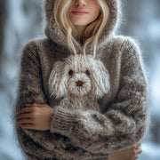 Cute Fuzzy Dog Embroidered Soft Hooded Sweater