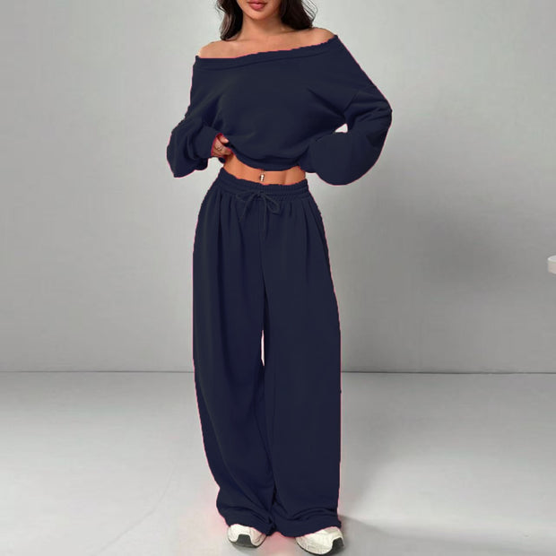 Fashion Slim-fit Off-the-shoulder Navel Solid Color Casual Pants Suit