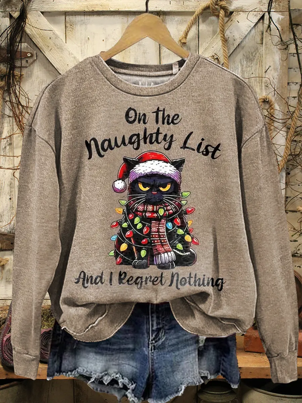 Women's Retro Christmas Black Cat Art Pattern Casual Crew Neck Long Sleeve Sweatshirt