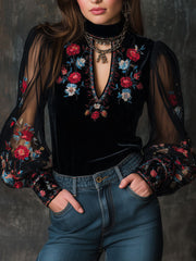 Retro Velvet Embroidered Mesh Stitching Blouse