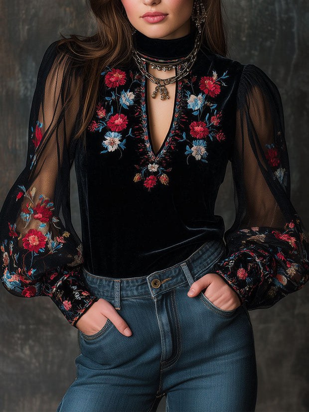 Retro Velvet Embroidered Mesh Stitching Blouse