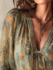 Boho Floral Sheer Chiffon Blouse With Lace Accent
