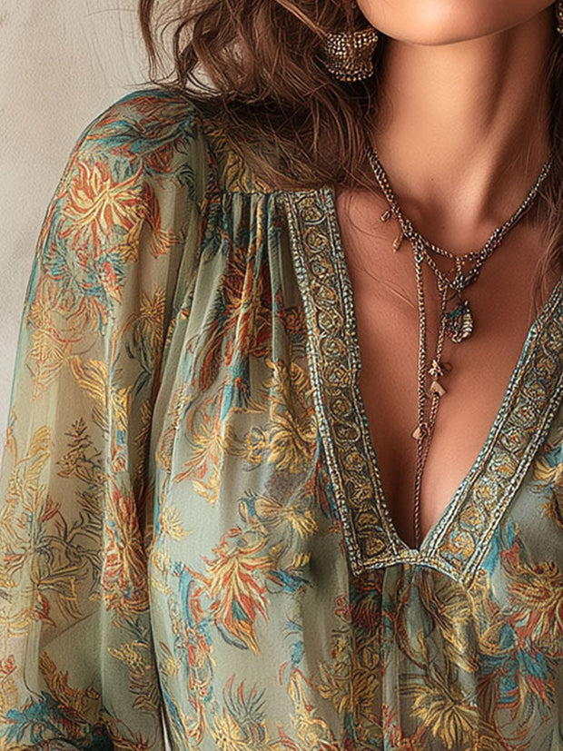 Boho Floral Sheer Chiffon Blouse With Lace Accent