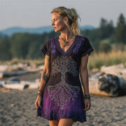 Vintage Viking Tree Of Life & Sequin Embroidery Women's Linen V-neck Mini Dress
