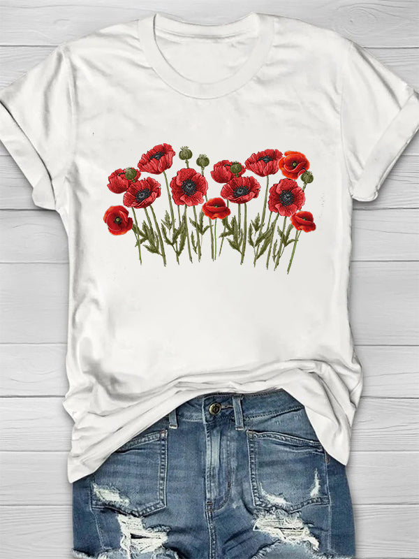 Red Poppy Flower Printed Crew Neck Women's T-shirt