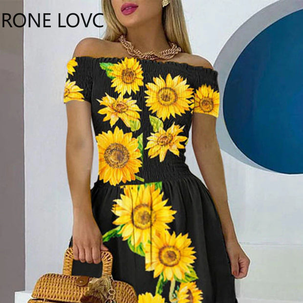 Women Elegant Slash Collar Folds Sunflower Pattern Cold Shoulder A-line Dress