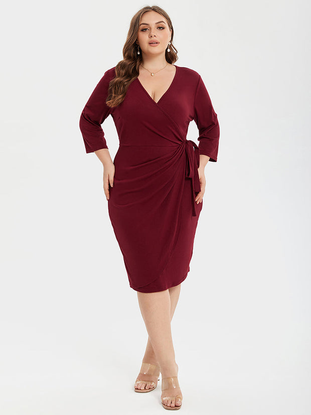 Crisscross Ruched Knot Side Wrap Midi Dress