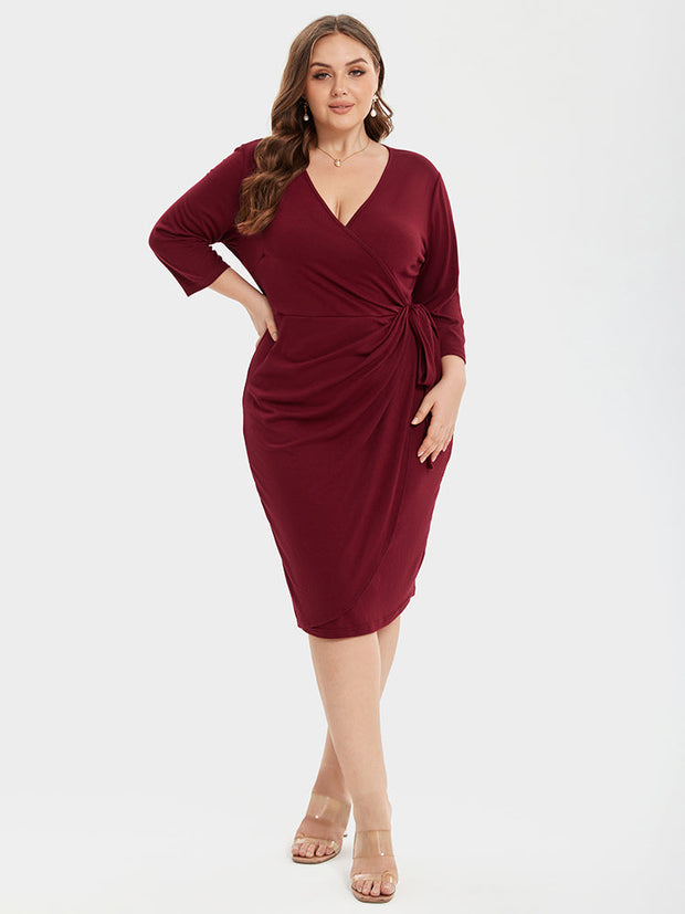 Crisscross Ruched Knot Side Wrap Midi Dress