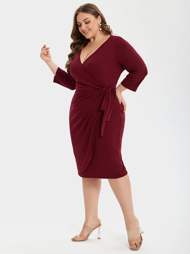 Crisscross Ruched Knot Side Wrap Midi Dress