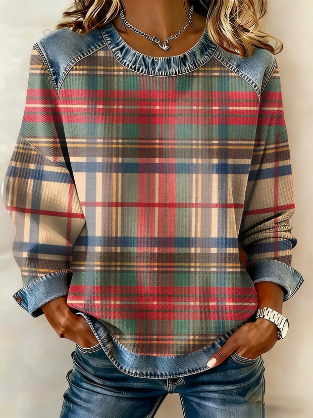 Women's Retro Christmas Plaid Art Print Casual Sweatshirt