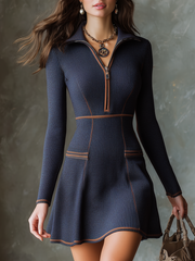 Retro Zipper Neck Contrast Trim Knitted Mini Dress