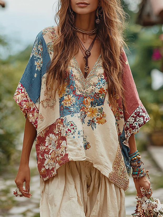 Women's Vintage Floral Patch V-neck T-shirt