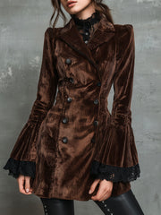 Vintage Velvet Double-Breasted Long Sleeve Jacket With Lace Cuff And Flared Sleeves