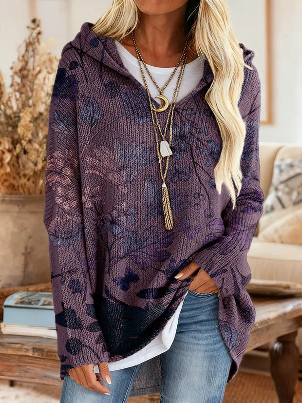 Women's Floral Art Print Casual Knitted Hooded Tunic Top