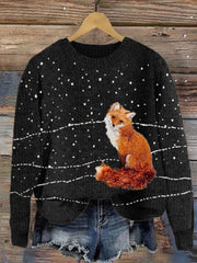 Fuzzy Fox in the Snow Embroidery Cozy Knit Sweater