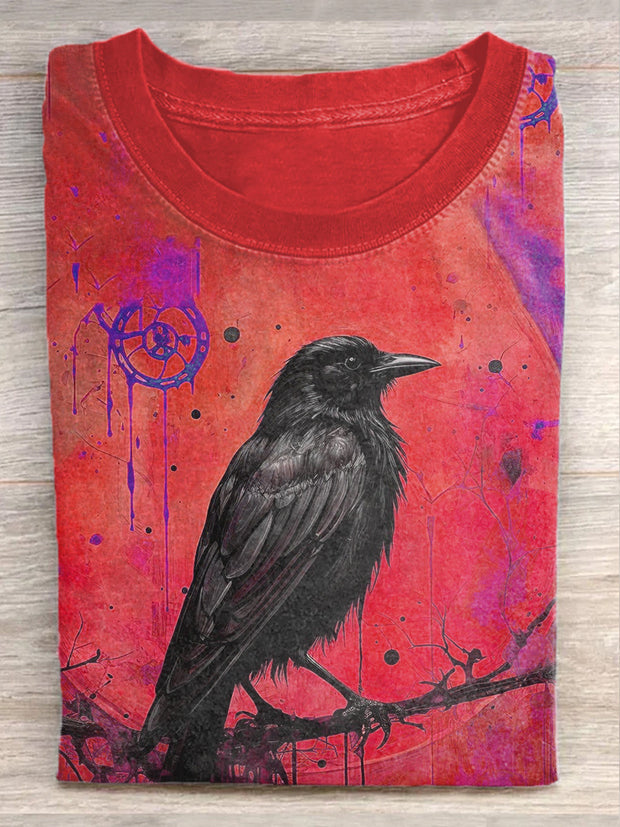 Unisex Halloween Raven Print Casual T-Shirt