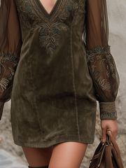 Bohemian Olive Suede Embroidered Mini Dress