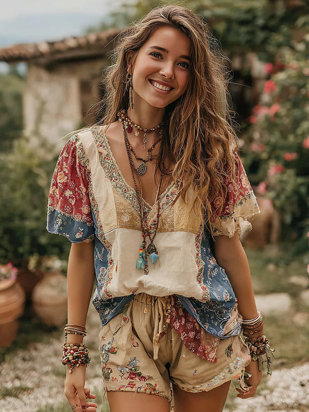 Women's Vintage Floral Patch Short Sleeve Top