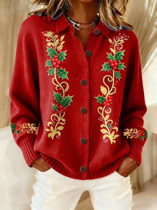 Women's Christmas art design Printed Knitted Lapel Button-Down Cardigan