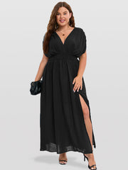 V-Neck Dolman Sleeve Ruched Split Pocket Maxi Dress