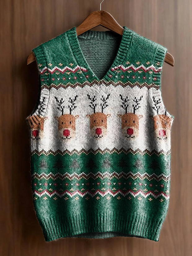 Women's Christmas Pattern Art Print Casual V-neck Knit Top