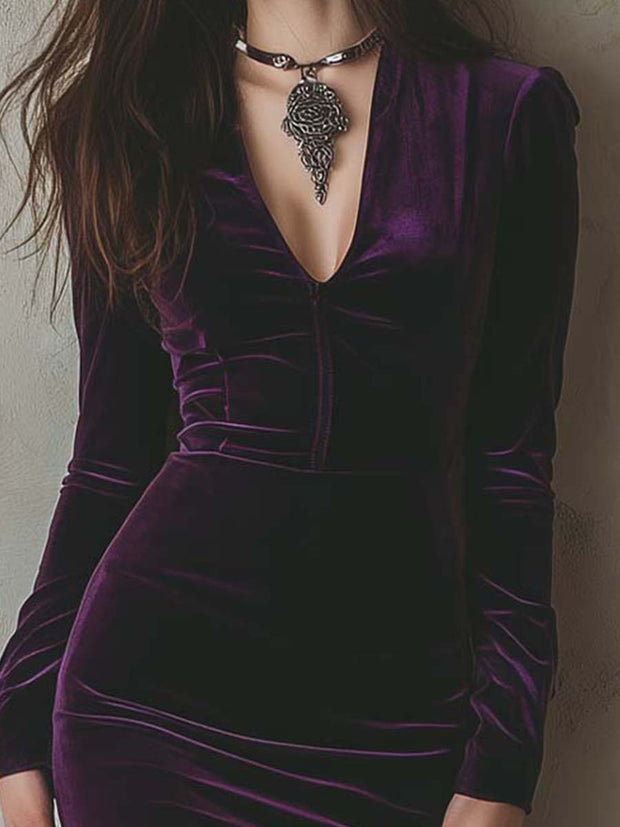 Exquisite And Elegant Purple Velvet Slim-fit Long-sleeved Midi Dress