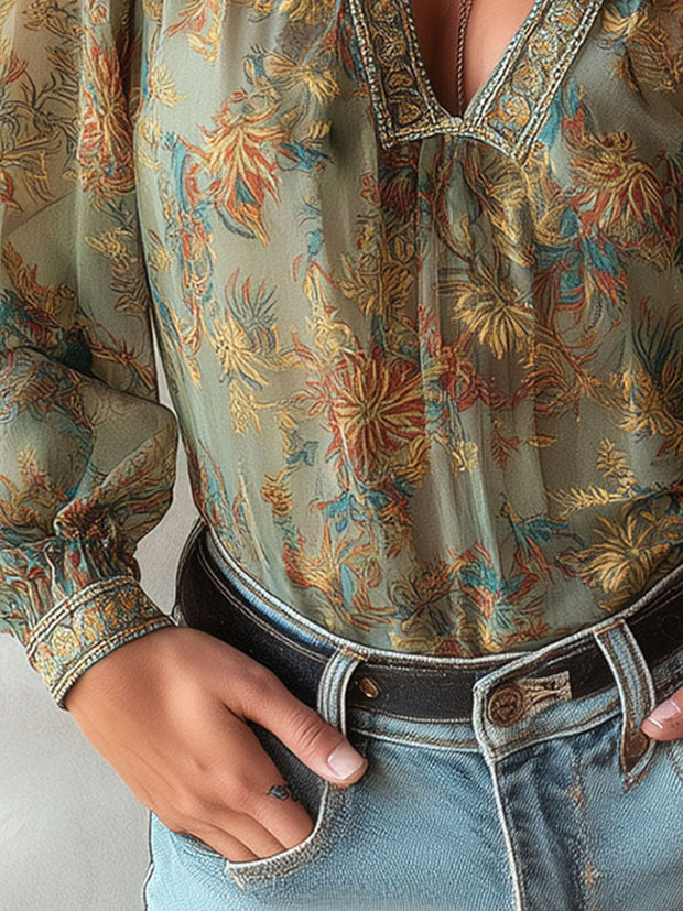 Boho Floral Sheer Chiffon Blouse With Lace Accent