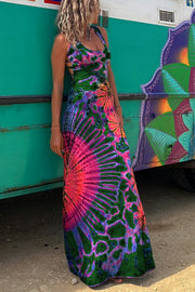 La Bamba Tie-dye Print Back Lace-up Stretch Maxi Dress