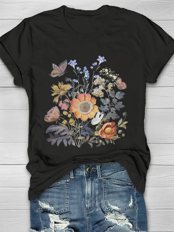 Retro Literary Plants And Flowers Printed Crew Neck Women's T-shirt