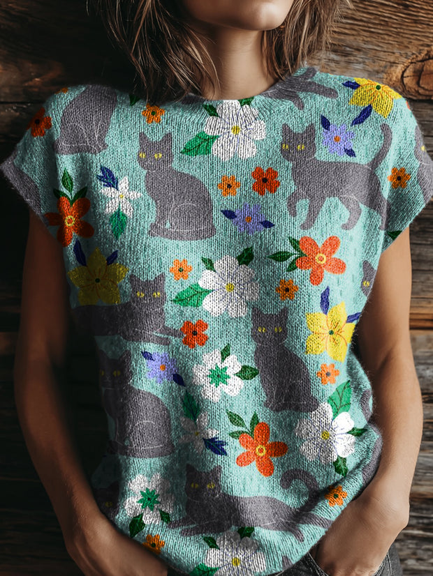 Women's Cat In The Flower Bed Art Print Casual Crew Neck Short Sleeve Knitted Sweater