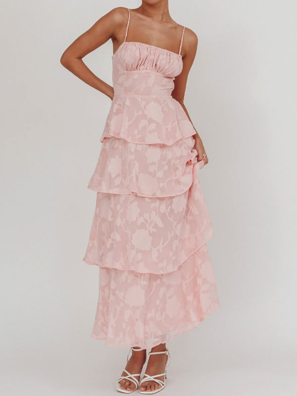 Thin straps jarquard tiered maxi dress