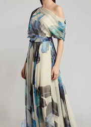 French Sky Blue Asymmetrical Print Chiffon Long Dresses Summer