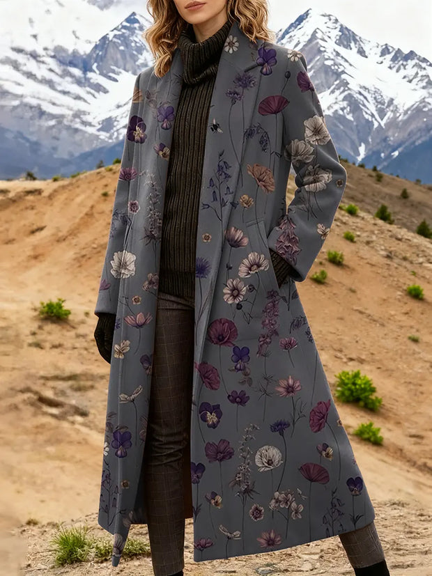 Women's Retro Floral Art Print High Quality Casual Wool Coat
