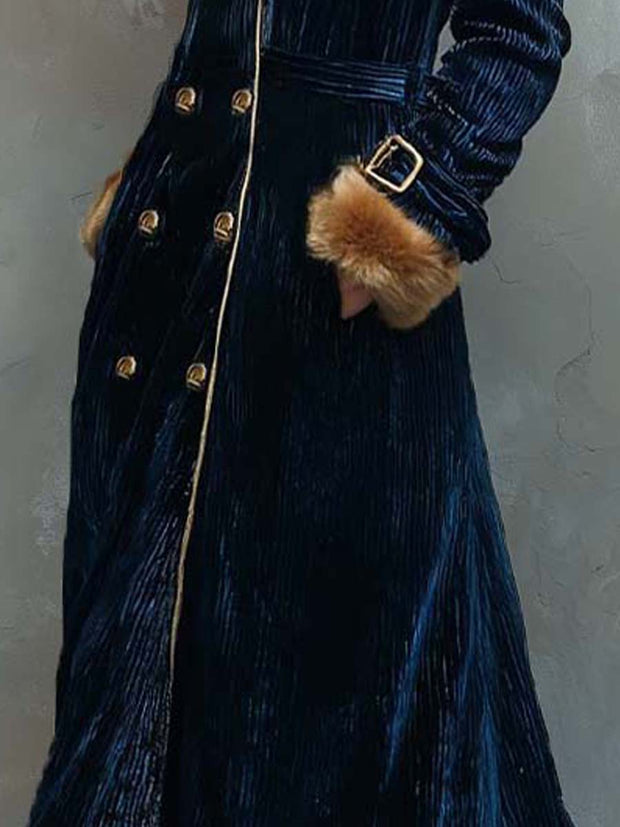 Navy Blue Vintage Eleganc Velvet Long Coat With Faux Fur Collar