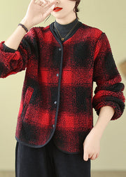 Boutique Red O-Neck Pockets Plaid Faux Fur Jackets Fall