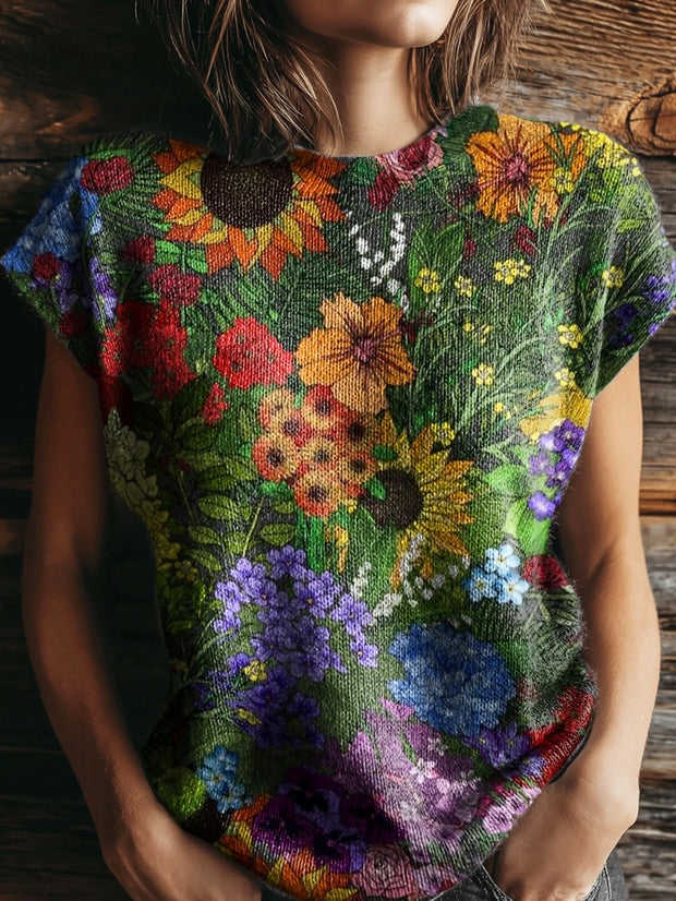 Women's Colorful Flowers Print Casual Crew Neck Short Sleeve Knitted Sweater