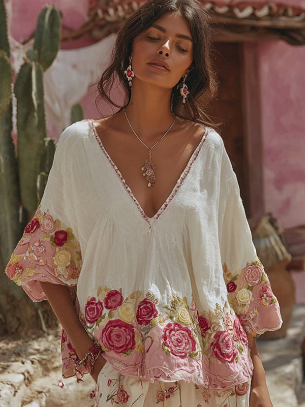 Women's Vintage Floral Art Embroidery Linen T-shirt