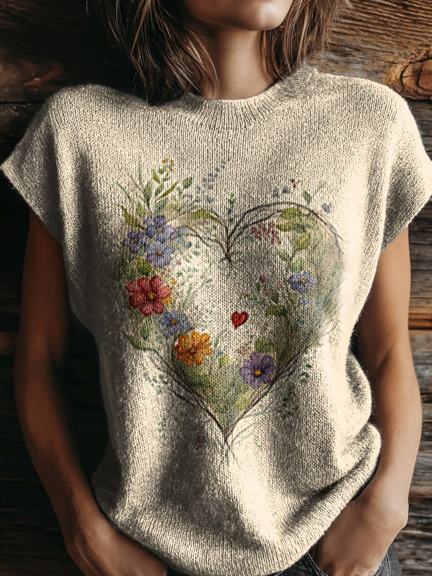 Women's Floral Heart Pattern Art Print Casual Crew Neck Short Sleeve Knit Sweater