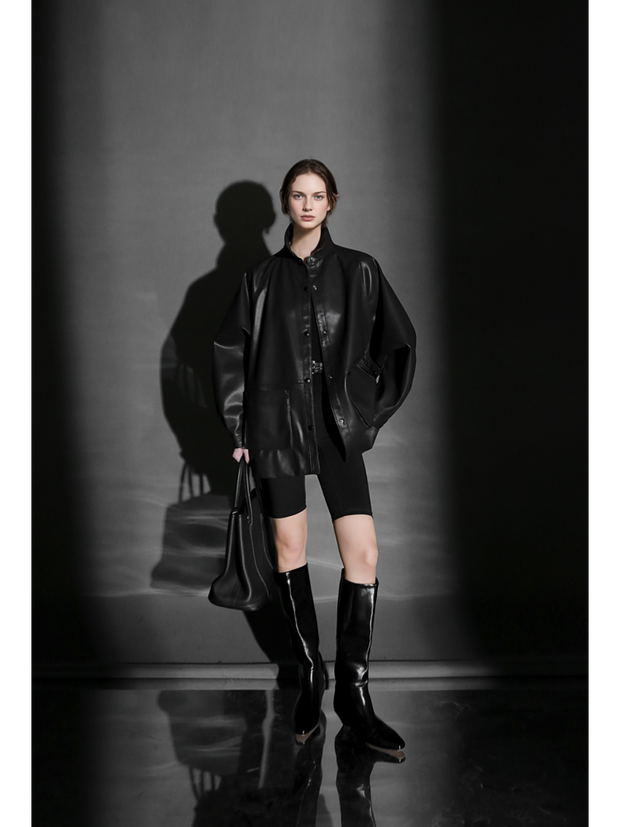 Chic Oversized Leather Jacket for Women – Premium Lambskin Commuter Coat with Large Pockets, Autumn Fashion