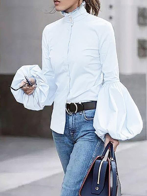 Urban Solid Color Stand Collar Puff Sleeves Blouse